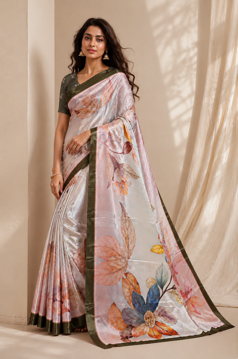 Elegant Pastel Floral Chiffon Silk Saree with Olive Border