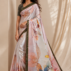 Elegant Pastel Floral Chiffon Silk Saree with Olive Border