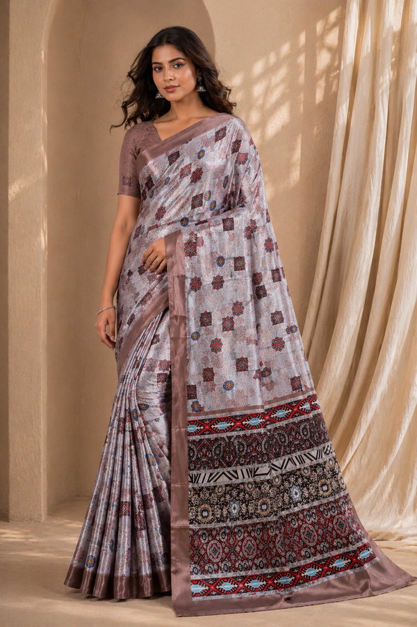 Elegant Beige Printed Silk Saree With Ethnic Border Design