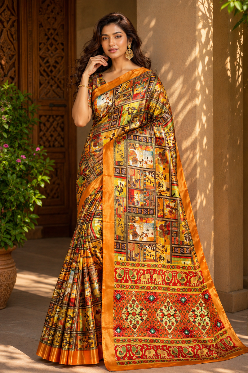 Elegant Mustard Orange Patchwork Ethnic Print Chiffon Silk Saree