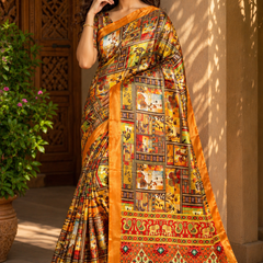 Elegant Mustard Orange Patchwork Ethnic Print Chiffon Silk Saree