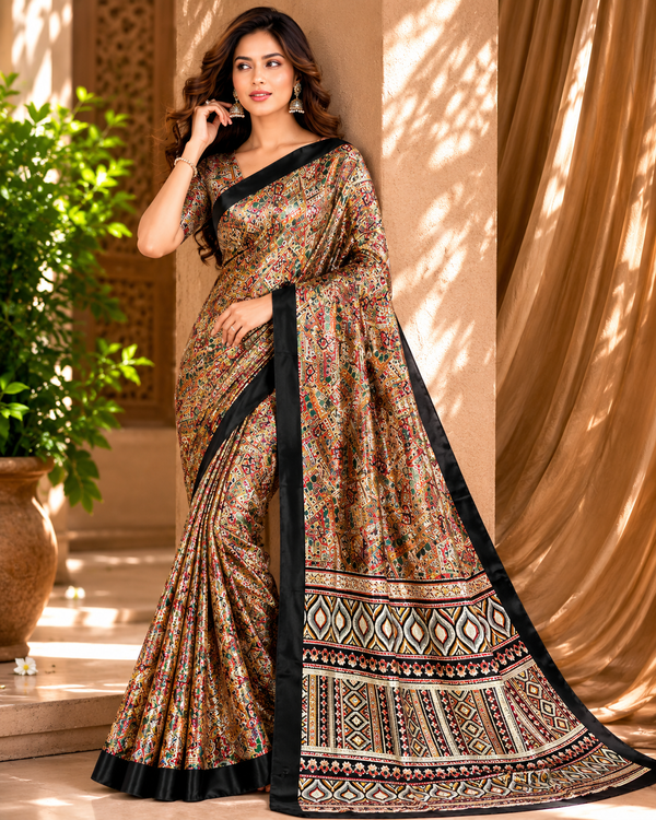 Classic Beige Multicolor Tribal Pattern Chiffon Silk Saree