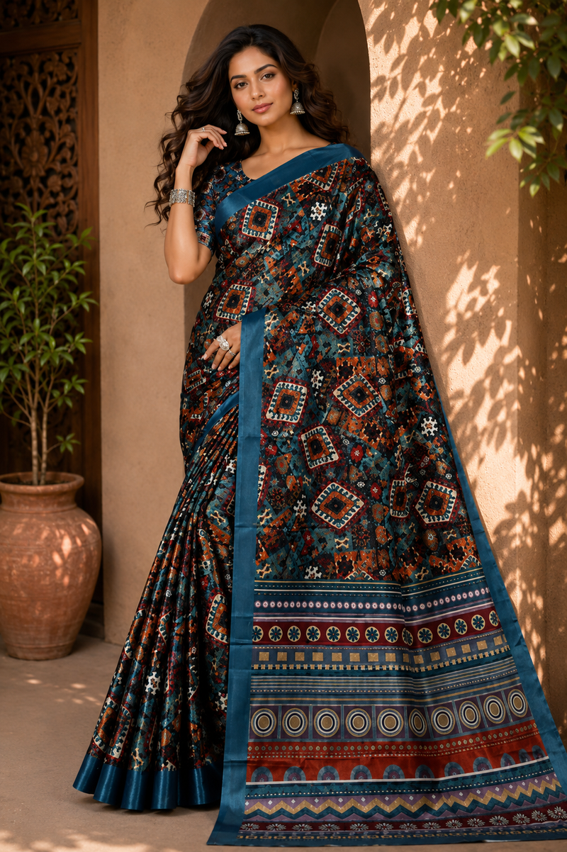 Stylish Teal Blue Tribal Geometric Print Chiffon Silk Saree