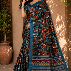 Stylish Teal Blue Tribal Geometric Print Chiffon Silk Saree
