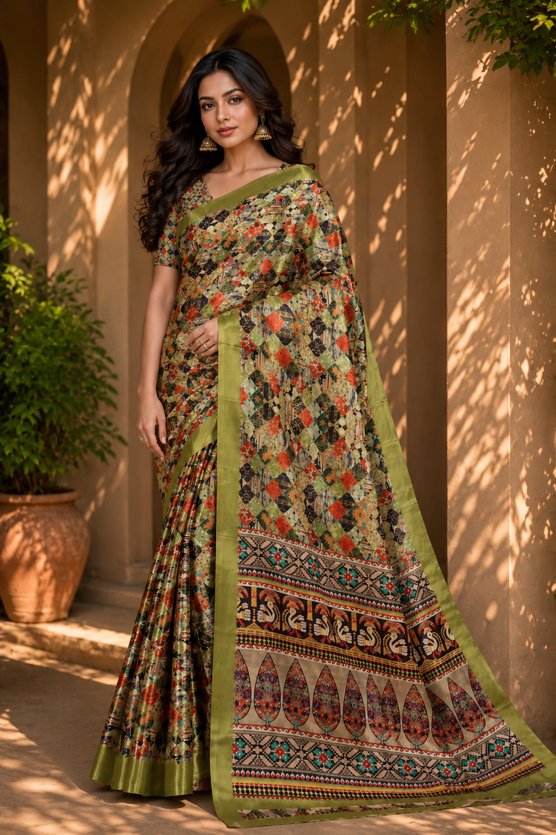Elegant Olive Green Ethnic Mosaic Print Chiffon Silk Saree