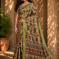 Elegant Olive Green Ethnic Mosaic Print Chiffon Silk Saree