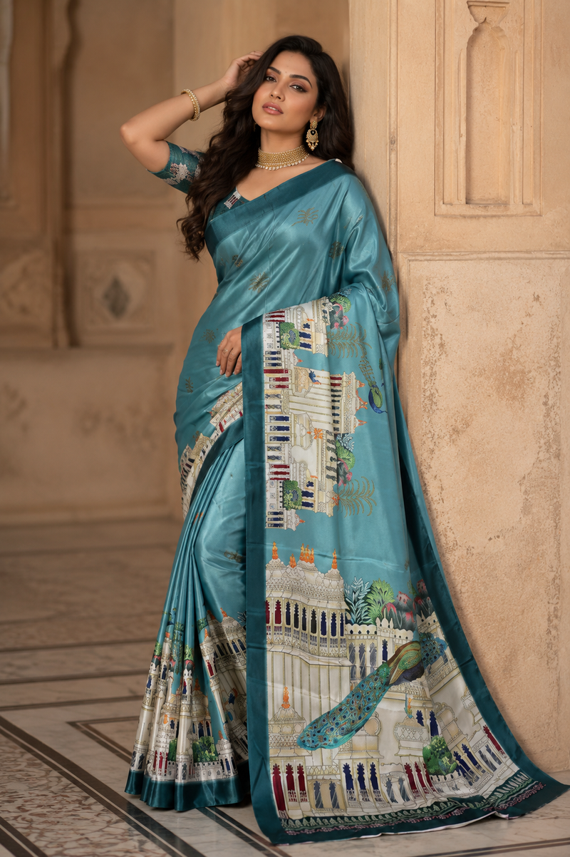 Steel Blue Chiffon Silk Saree with Palace Architecture & Peacock Digital Print