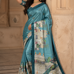 Steel Blue Chiffon Silk Saree with Palace Architecture & Peacock Digital Print