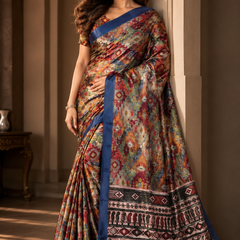 Vibrant Ikat Fusion Saree with Multicolor Geometric Weave & Royal Blue Border