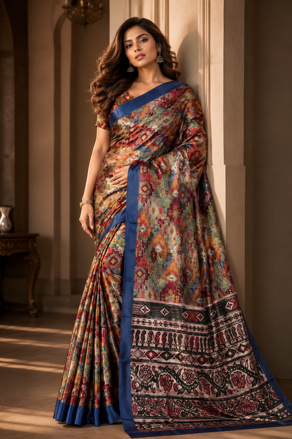 Vibrant Ikat Fusion Saree with Multicolor Geometric Weave & Royal Blue Border