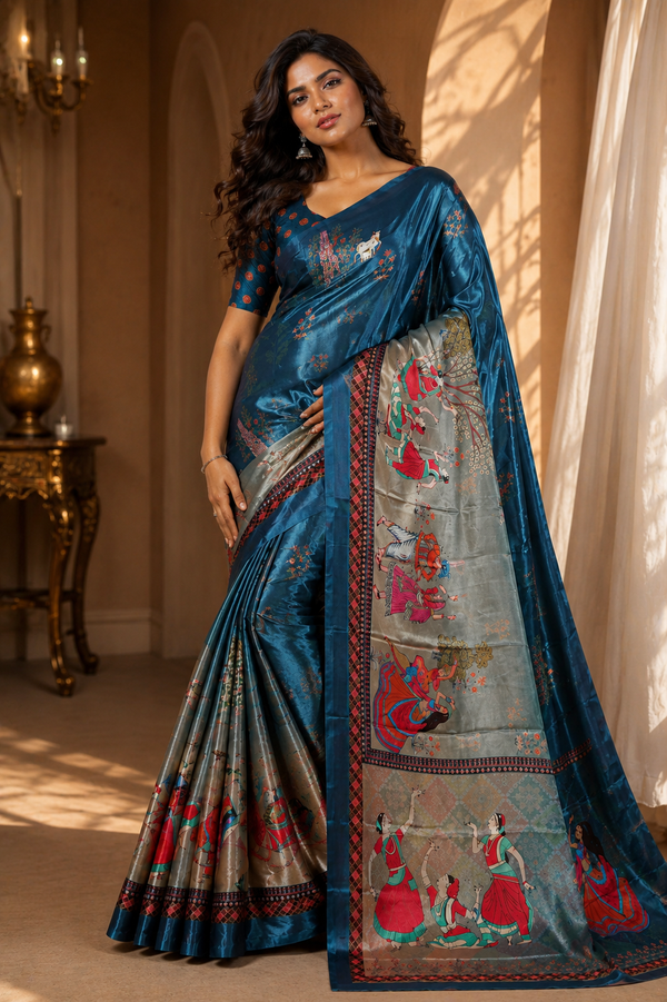 Teal Blue Traditional Printed Silk Saree With Cultural Motifs