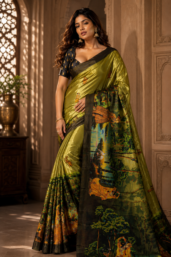 Elegant Olive Green Silk Saree With Nature & Cultural Scenic Print