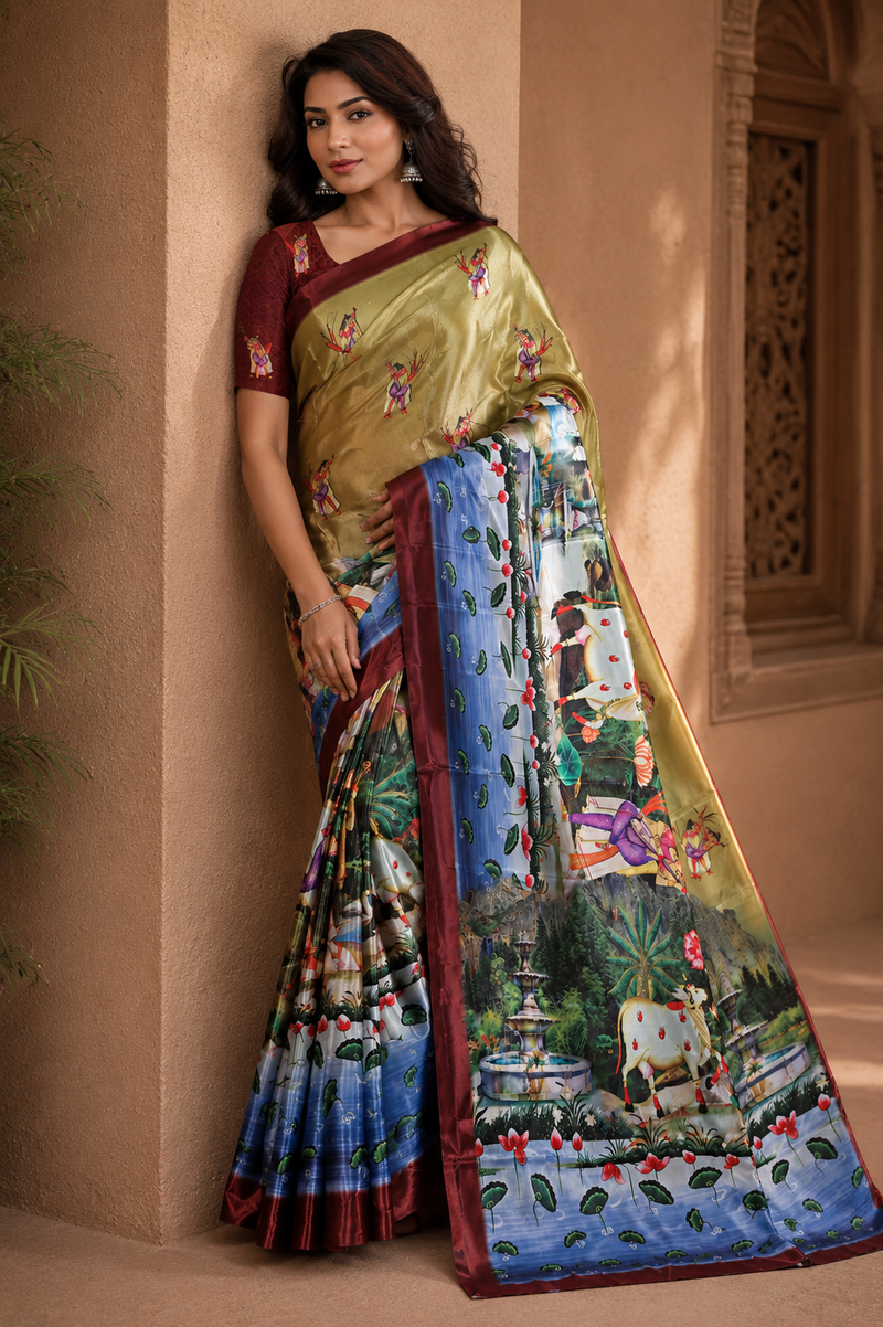 Royal Mustard Gold Silk Saree With Scenic Garden & Cultural Print