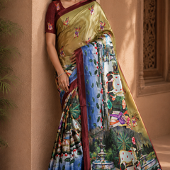 Royal Mustard Gold Silk Saree With Scenic Garden & Cultural Print