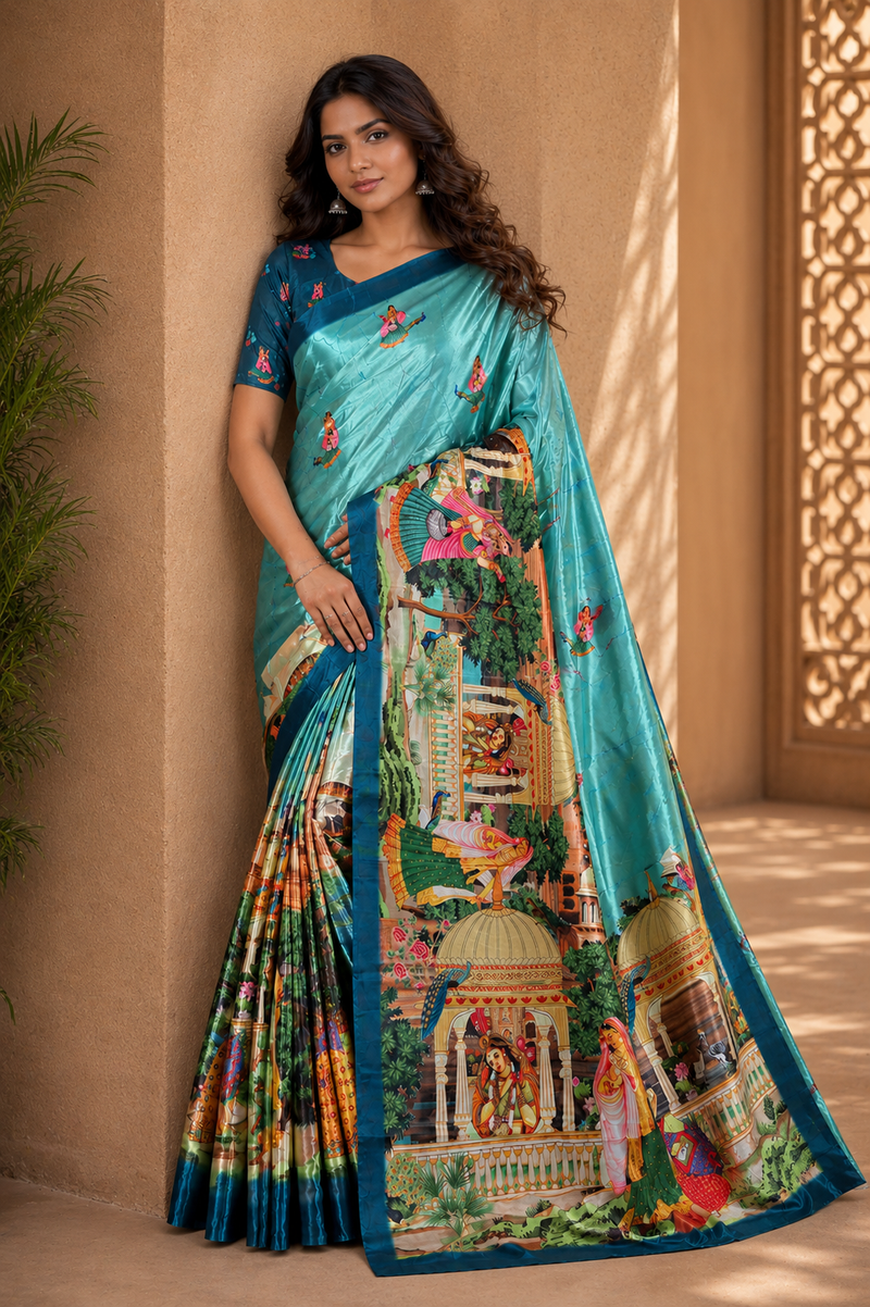 Sea Green Silk Saree With Traditional Palace & Cultural Print