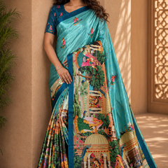 Sea Green Silk Saree With Traditional Palace & Cultural Print