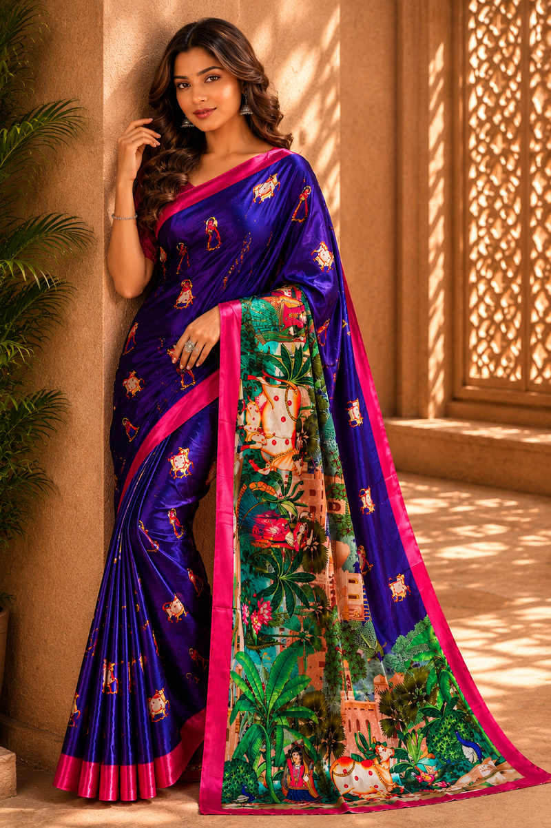 Royal Indigo Blue Scenic Palace Print Chiffon Silk Saree
