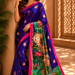 Royal Indigo Blue Scenic Palace Print Chiffon Silk Saree