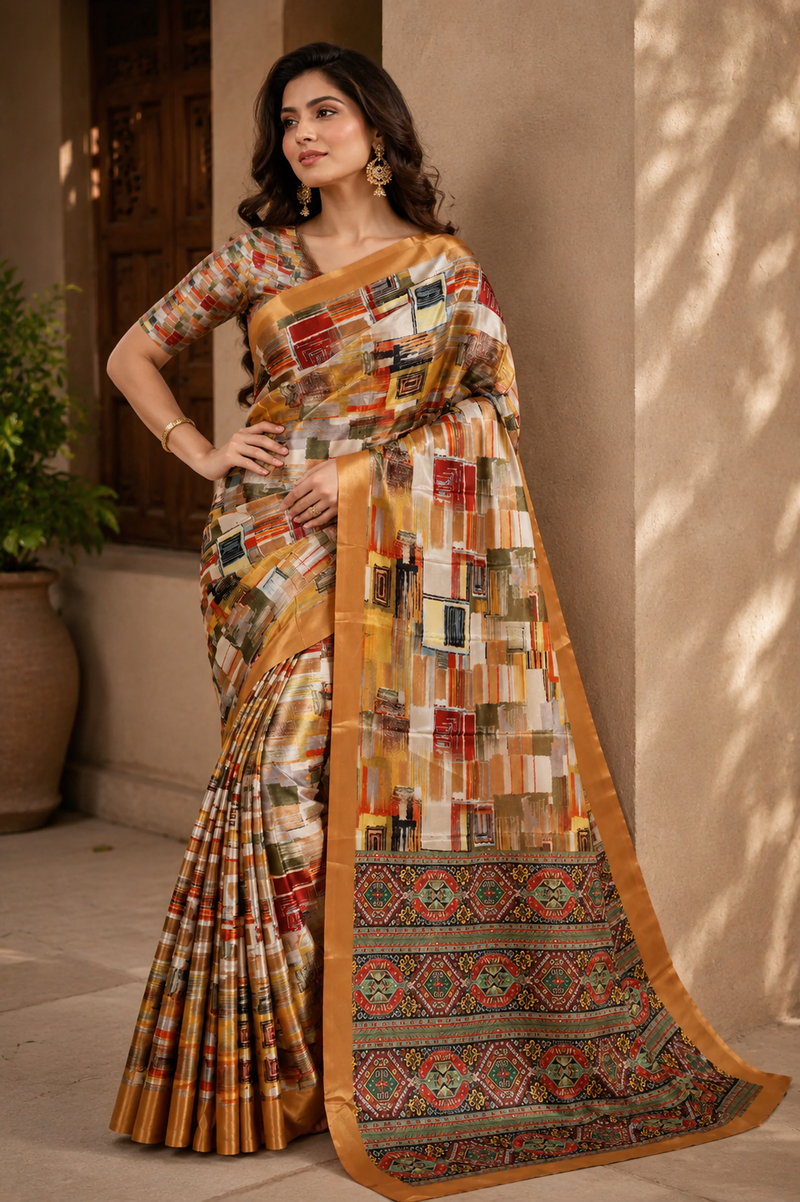 Elegant Beige Multicolor Abstract Print Chiffon Silk Saree