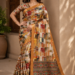 Elegant Beige Multicolor Abstract Print Chiffon Silk Saree