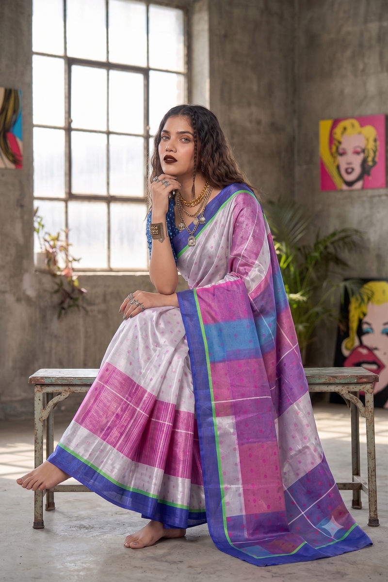 Off-White and Royal Blue Satin Blend Saree with Pink Geometric Pallu