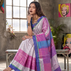 Off-White and Royal Blue Satin Blend Saree with Pink Geometric Pallu