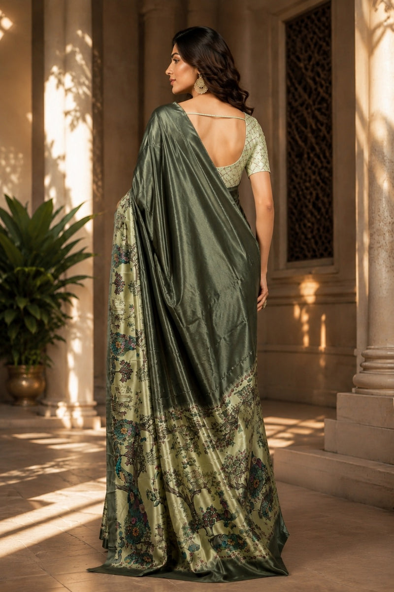 Olive Metallic and Pastel Green Paithani Print Satin Saree