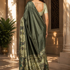 Olive Metallic and Pastel Green Paithani Print Satin Saree