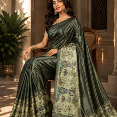 Olive Metallic and Pastel Green Paithani Print Satin Saree