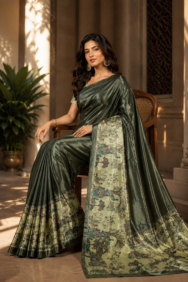 Olive Metallic and Pastel Green Paithani Print Satin Saree