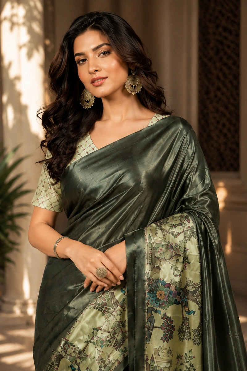 Olive Metallic and Pastel Green Paithani Print Satin Saree