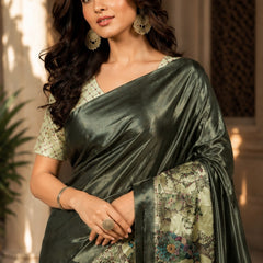 Olive Metallic and Pastel Green Paithani Print Satin Saree