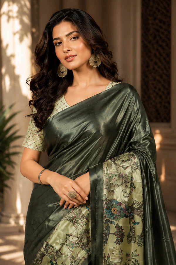 Olive Metallic and Pastel Green Paithani Print Satin Saree
