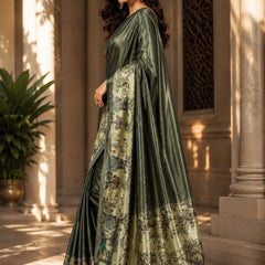 Olive Metallic and Pastel Green Paithani Print Satin Saree