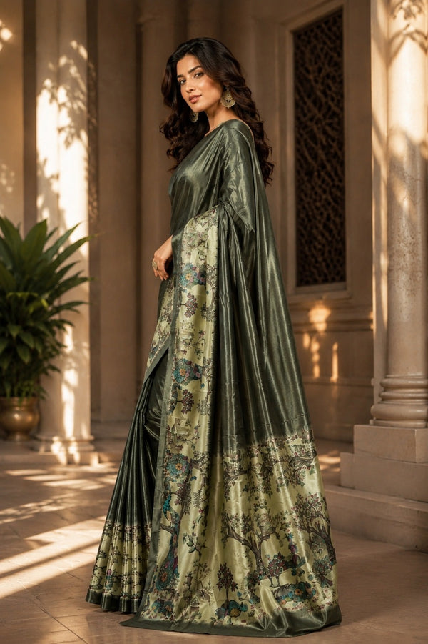 Olive Metallic and Pastel Green Paithani Print Satin Saree