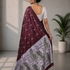 Wine Burgundy and Silver-Grey Paithani Print Satin Saree
