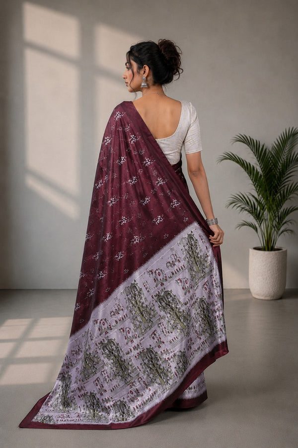Wine Burgundy and Silver-Grey Paithani Print Satin Saree