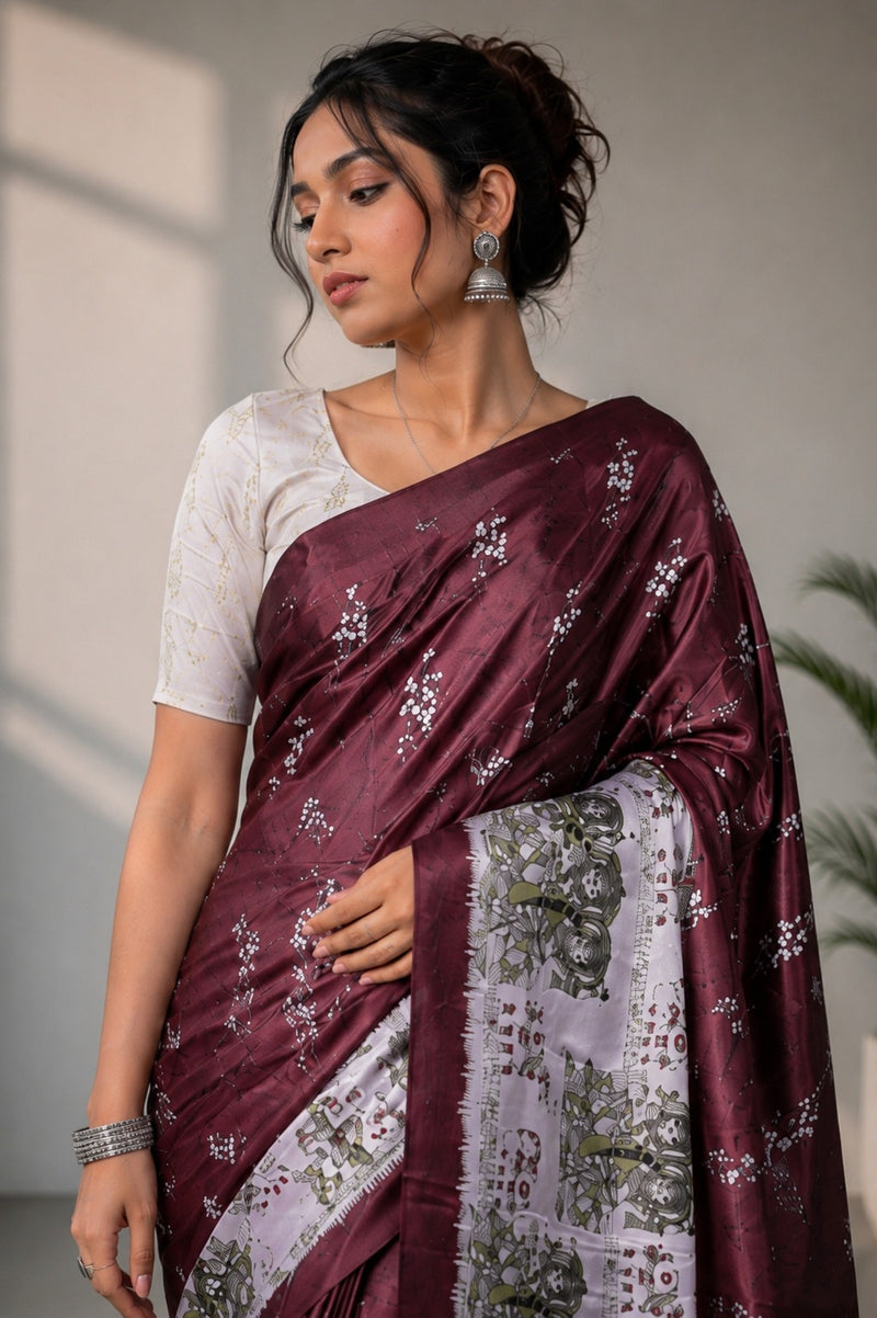 Wine Burgundy and Silver-Grey Paithani Print Satin Saree