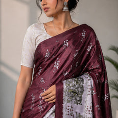 Wine Burgundy and Silver-Grey Paithani Print Satin Saree