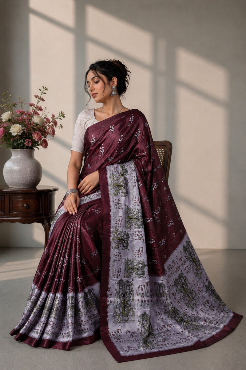 Wine Burgundy and Silver-Grey Paithani Print Satin Saree