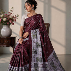 Wine Burgundy and Silver-Grey Paithani Print Satin Saree