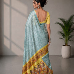 Powder Blue and Yellow Paithani Print Satin Saree