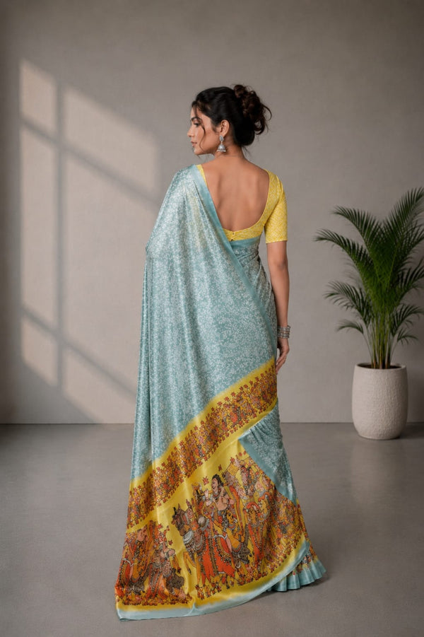 Powder Blue and Yellow Paithani Print Satin Saree