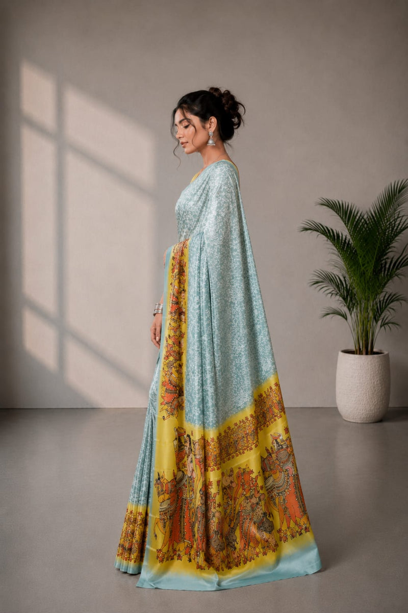 Powder Blue and Yellow Paithani Print Satin Saree
