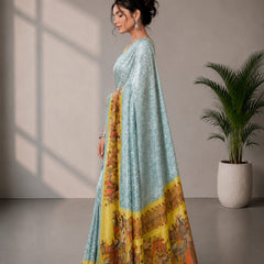Powder Blue and Yellow Paithani Print Satin Saree