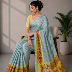Powder Blue and Yellow Paithani Print Satin Saree
