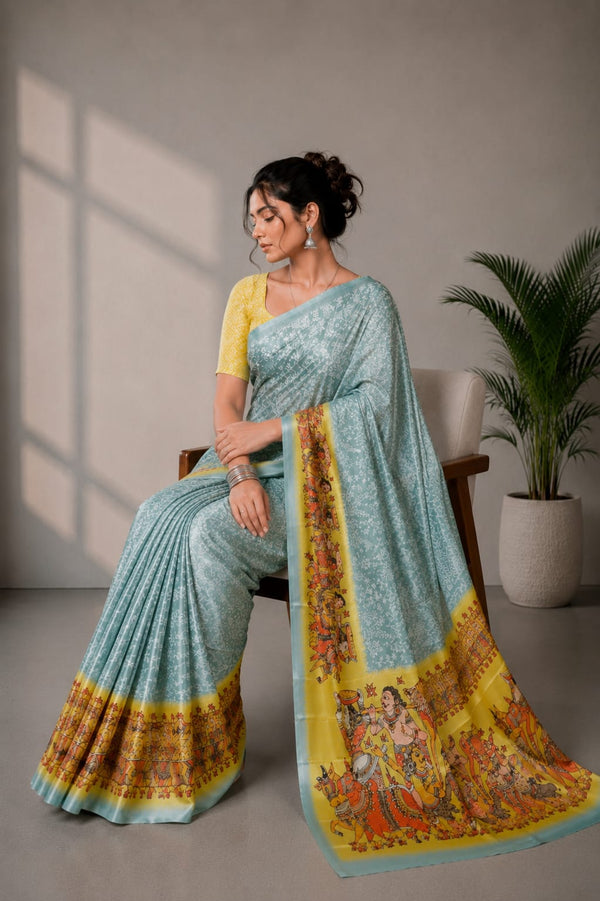 Powder Blue and Yellow Paithani Print Satin Saree