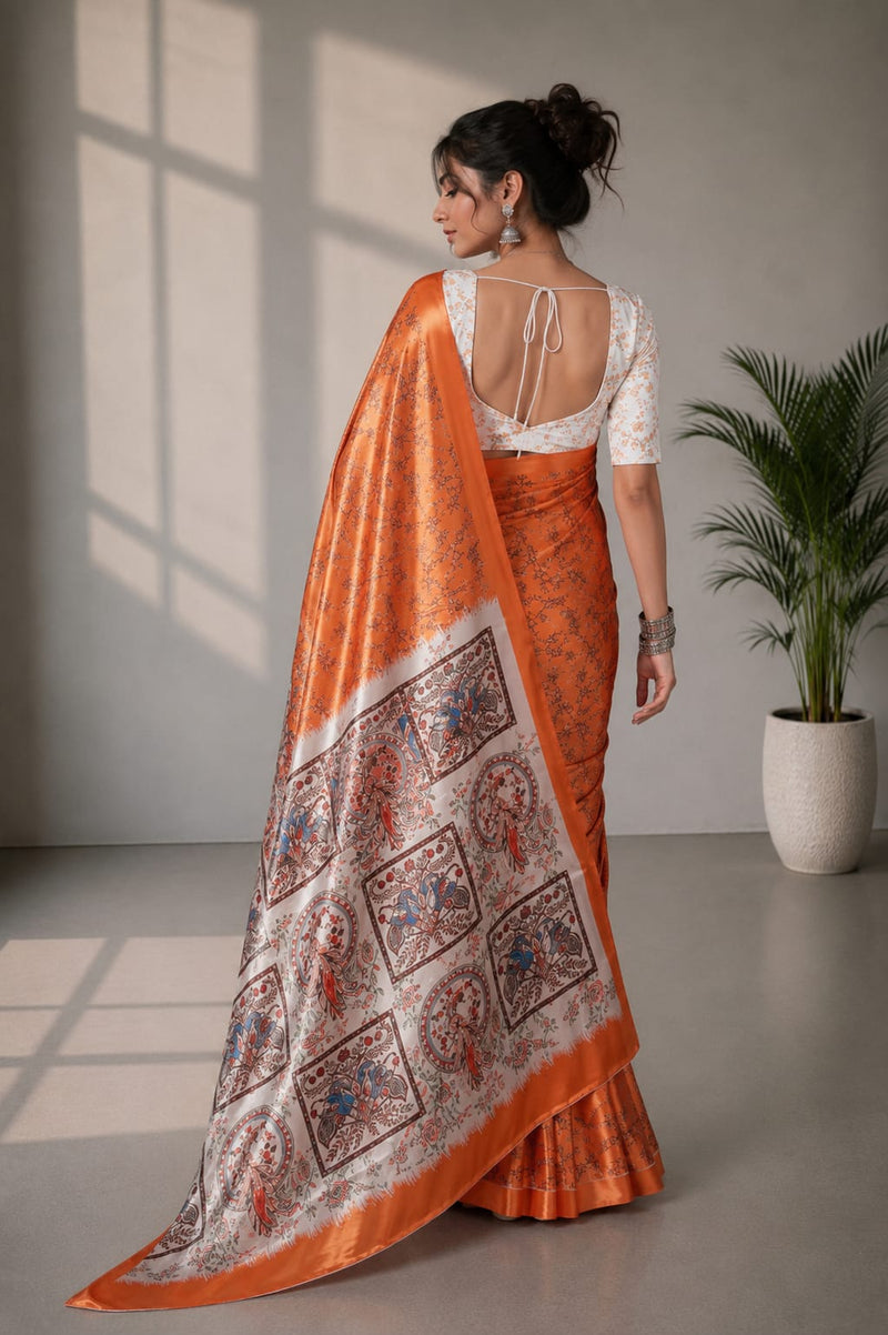 Rust Orange and Grey Paithani Print Satin Saree