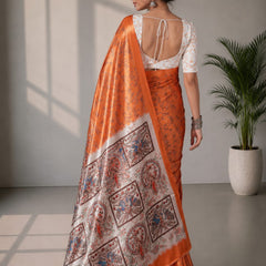 Rust Orange and Grey Paithani Print Satin Saree