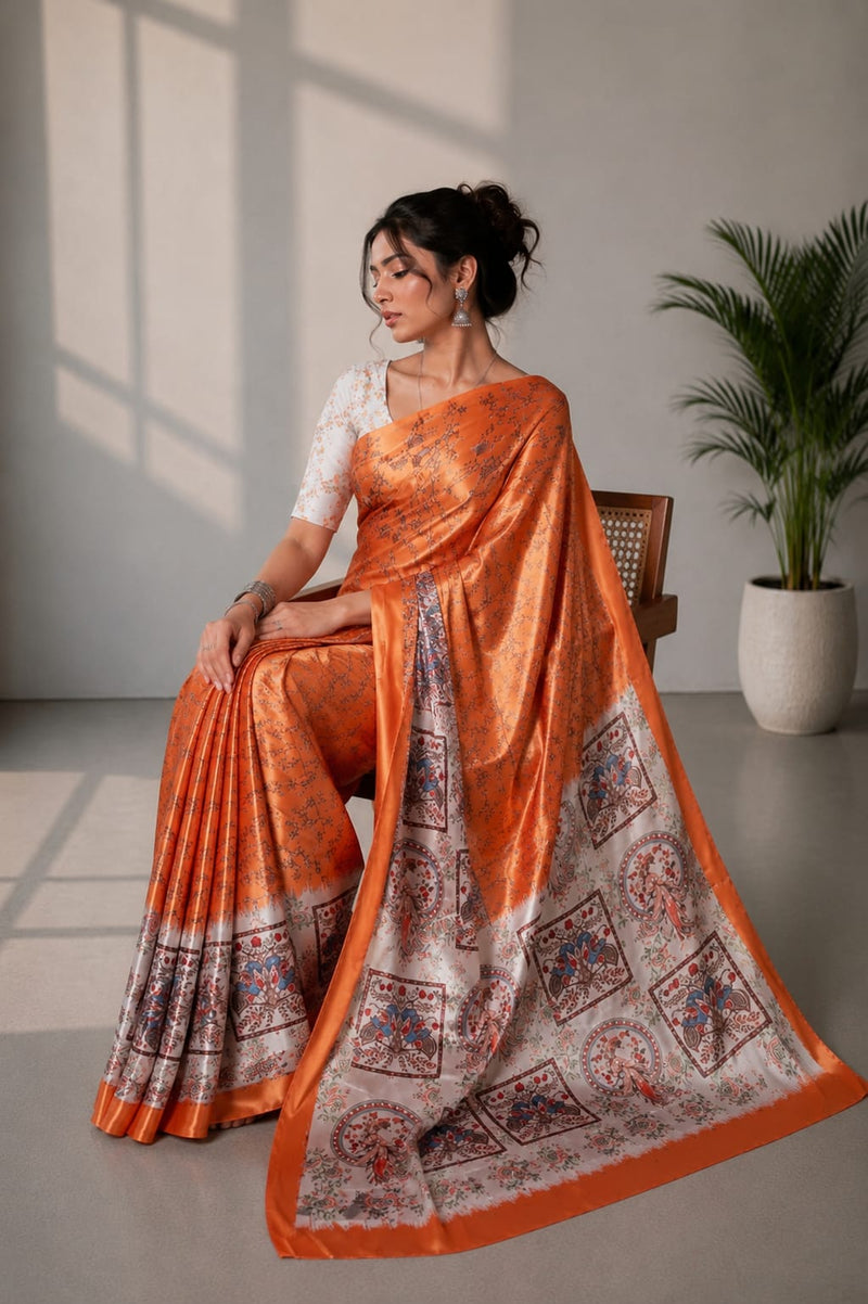 Rust Orange and Grey Paithani Print Satin Saree